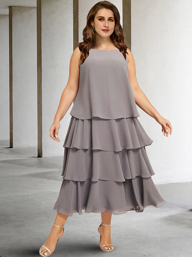 Zweiteiliges A-Linien-Kleid in Übergröße mit geschwungenen Schultern, elegantes Kleid für die Brautmutter, formelles, knielanges, ärmelloses Chiffon-Kleid mit Rundhalsausschnitt und Rüschenapplikationen